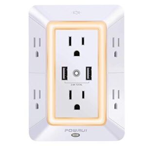 usb wall charger, surge protector, powrui 6-outlet extender with 2 usb charging ports (2.4a total) and night light, 3-sided power strip with adapter spaced outlets – white，etl listed