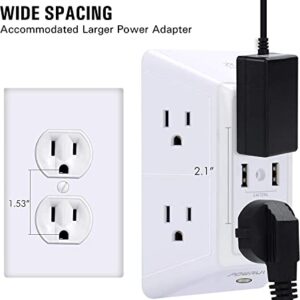 USB Wall Charger, Surge Protector, POWRUI 6-Outlet Extender with 2 USB Charging Ports (2.4A Total) and Night Light, 3-Sided Power Strip with Adapter Spaced Outlets - White，ETL Listed