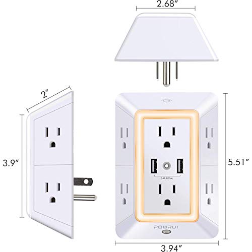 USB Wall Charger, Surge Protector, POWRUI 6-Outlet Extender with 2 USB Charging Ports (2.4A Total) and Night Light, 3-Sided Power Strip with Adapter Spaced Outlets - White，ETL Listed