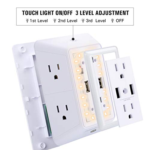 USB Wall Charger, Surge Protector, POWRUI 6-Outlet Extender with 2 USB Charging Ports (2.4A Total) and Night Light, 3-Sided Power Strip with Adapter Spaced Outlets - White，ETL Listed