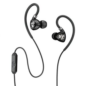 jlab audio fit2 sport earbuds, sweatproof, water resistant with in-wire customizable earhooks, guaranteed fit, guaranteed for life – black