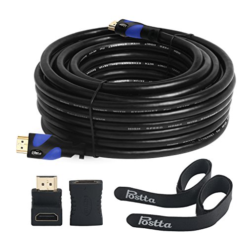 Postta HDMI Cable 50 Feet HDMI 2.0V Cable with 2 Piece Cable Ties+2 Piece HDMI Adapters Support 4K 2160P,1080P,3D,Audio Return and Ethernet