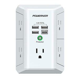 multi plug outlet extender with usb – poweriver surge protector with 5 outlet splitter and 4 usb ports, 1680j wall outlet adapter spaced for home school office, etl listed, white