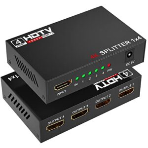 hdmi splitter 1 in 4 out,1×4 hdmi splitter display multiple duplicate/mirror screen,powered ac adapter included,supports ultra hd 1080p 4k/2k and 3d,for tv,monitors,computer,dvd,projector
