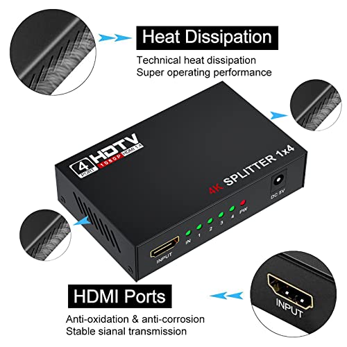 HDMI Splitter 1 in 4 Out,1x4 Hdmi Splitter Display Multiple Duplicate/Mirror Screen,Powered AC Adapter Included,Supports Ultra HD 1080P 4K/2K and 3D,for TV,Monitors,Computer,DVD,Projector