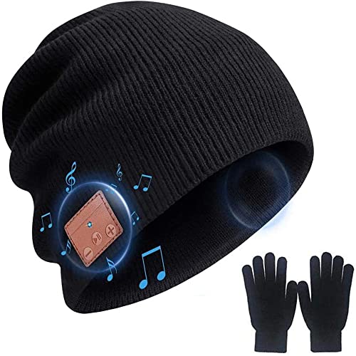 Bluetooth Beanie Hat Men Women, Wireless Music Hats with Gloves and Built-in Stereo Speakers & Mic, Slouchy Warm Knitted Winter Beanie for Men Women Teens Outdoor Sports Skiing Jogging