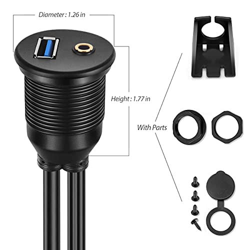 URWOOW USB Flush Mount - 3.5mm & USB 3.0 AUX Extension Mount, Dash Mount, Flush Mount, Panel Mount Cable, for Car, Boat, Motorcycle (2M 6ft)