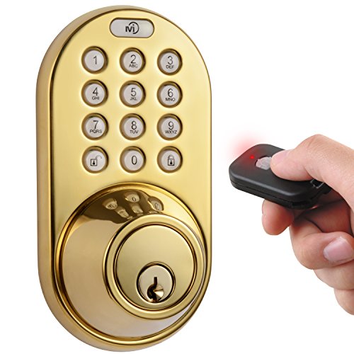 MiLocks QF-02P Keyless Entry Deadbolt Door Lock with Electronic Digital Keypad and RF Remote Control, Polished Brass