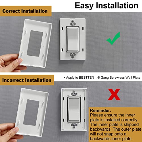 [2 Pack] BESTTEN 3-Gang Screwless Wall Plate, USWP4 White Series, Decorator Outlet Cover, H4.69” x W6.54”, for Light Switch, Dimmer, USB, GFCI, Receptacle