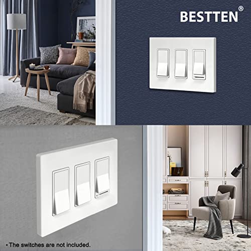 [2 Pack] BESTTEN 3-Gang Screwless Wall Plate, USWP4 White Series, Decorator Outlet Cover, H4.69” x W6.54”, for Light Switch, Dimmer, USB, GFCI, Receptacle