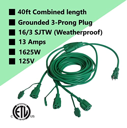 EVERSIMPLEINC 1 to 3 Splitter Extension Cord (Combined 40 FT, End to End 28 FT), 3 Prong Plug with 3 Extended Outlets, with Weatherproof Covers for Indoor and Outdoor,16AWG/3C SJTW, ETL Listed
