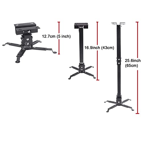 Henxlco Universal Projector Mount Wall or Ceiling Bracket with Adjustable Height and Extendable Arms Tilt DLP LCD Projection Mount for Home and Office Different Size Projector (Black)
