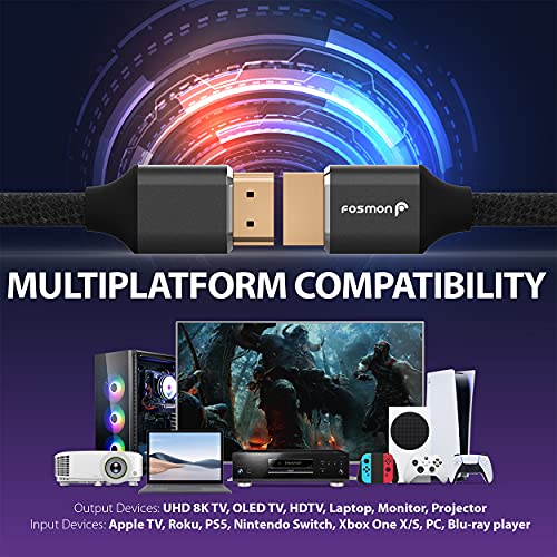 Fosmon HDMI 2.1 Cable 8K@60Hz 1ft, Premium Certified in-Wall CL3 Rated, 48Gbps Ultra High Speed, 4K@120Hz, Dynamic HDR, HDCP 2.3, 3D, eARC, 30AWG Cotton Braided Compatible with UHD TV, Monitor