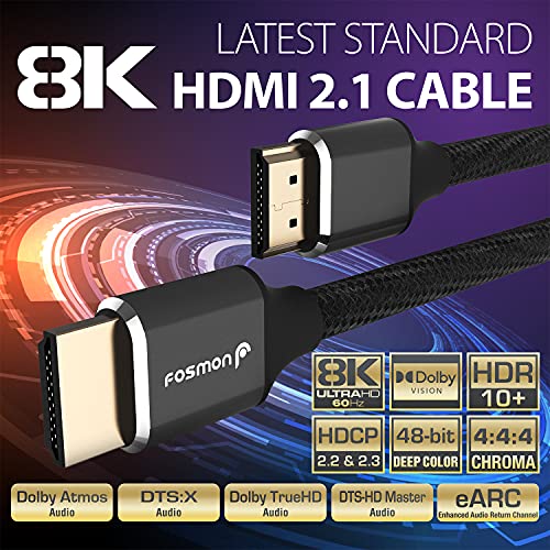 Fosmon HDMI 2.1 Cable 8K@60Hz 1ft, Premium Certified in-Wall CL3 Rated, 48Gbps Ultra High Speed, 4K@120Hz, Dynamic HDR, HDCP 2.3, 3D, eARC, 30AWG Cotton Braided Compatible with UHD TV, Monitor