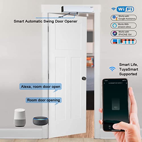 WiFi Smart Electric Swing Door Opener with Push Button, Automatic Door Opener Tuyasmart App Remote Control, Work with Alexa and Google Home (Silver)