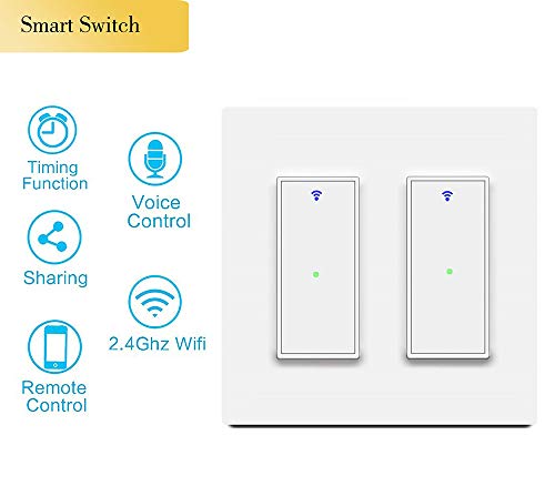 Youngzuth 2 Gang Smart Light Switch, 2.4Ghz Wi-Fi Dual Smart Switch Work with Amazon Alexa and Google Home,Voice/Remote Control, Timer Setting,Single-Pole,No Hub Required, Applicable to Family/Office