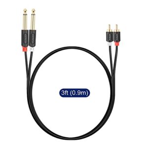 J&D Dual 1/4 inch TS to Dual RCA Stereo Audio Interconnect Cable, Gold Plated Audiowave Series 2 x 6.35 mm Male TS to 2 RCA Male PVC Shelled Adapter Cable, 3 Feet