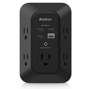 usb wall charger surge protector – addtam 5 outlet extender with 4 usb charging ports ( 1 usb c), 3-sided 1800j power strip multi plug outlets adapter widely spaced,black