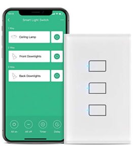 broadlink smart light switch, no neutral wire required, single pole with app and voice control, 3-gang touch timer switch, compatible with alexa, google assistant, ifttt, siri shortcuts, hub required