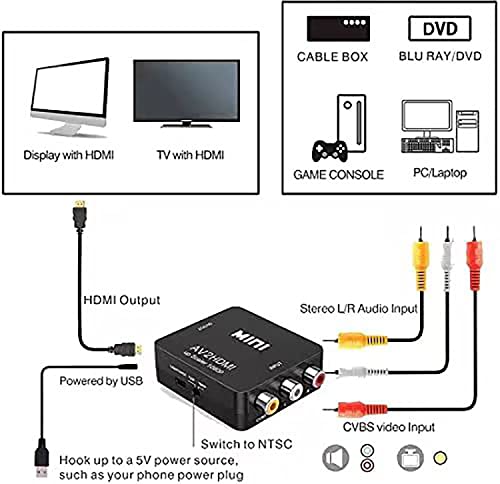 RCA to HDMI, AV to HDMI,Meekwds 1080P Mini RCA Composite CVBS AV to HDMI Video Audio Converter Supporting PAL/NTSC with USB Charge Cable for PC Laptop Xbox Wii PS2 PS4 PS3 TV STB VHS VCR Camera DVD