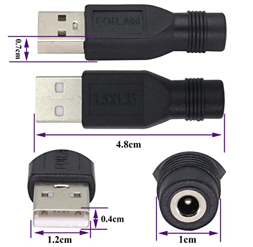 AAOTOKK (2 Pack) USB to DC 3.5×1.35mm Power Adapter 5 Volt USB 2.0 A Male to DC 3.5×1.35 mm Female Jack DC 5V Barrel Power Plug Charger Cord Connector for 5 V DC or USB Charging Device(M/F3.5×1.35)