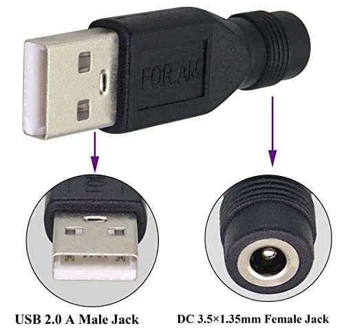 AAOTOKK (2 Pack) USB to DC 3.5×1.35mm Power Adapter 5 Volt USB 2.0 A Male to DC 3.5×1.35 mm Female Jack DC 5V Barrel Power Plug Charger Cord Connector for 5 V DC or USB Charging Device(M/F3.5×1.35)