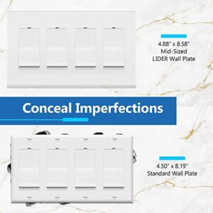 LIDER Matte Finish Quadruple Decorator Switch Cover, Screwless Wall Plate, Mid-Size 4-Gang 4.88" x 8.58", Polycarbonate Thermoplastic, UL Listed, LSWP-34M-W, White