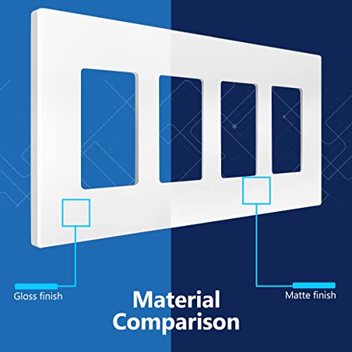 LIDER Matte Finish Quadruple Decorator Switch Cover, Screwless Wall Plate, Mid-Size 4-Gang 4.88" x 8.58", Polycarbonate Thermoplastic, UL Listed, LSWP-34M-W, White