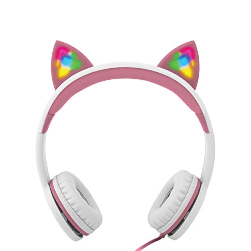 Gabba Goods Premium Kid's/Children's Safe Sound LED Light Up in The Dark Cat Over The Ear Comfort Padded Stereo Headphones with AUX Cable | Earphones - 85 Decibels