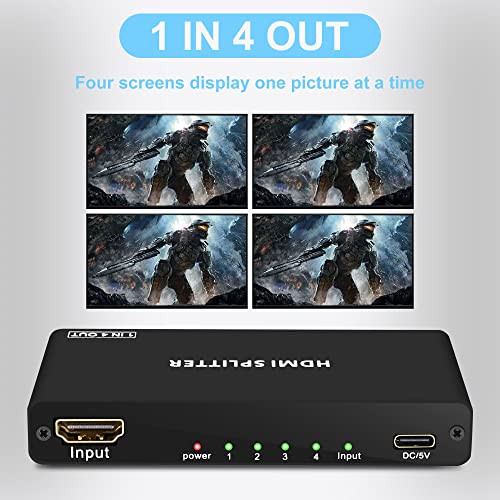 HDMI Splitter 1 in 4 Out, 4K@30HZ 1x4 HDMI Splitter for Full HD 1080P 3D Splitter, Supports HDCP1.4,Compatible with PS4 Fire Stick HDTV (with HDMI Cable)