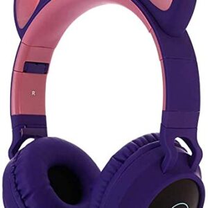 Wireless Bluetooth Kids Headphones, Damikan Cat Ear Bluetooth Over Ear Headphones, LED Lights, FM Radio, TF Card, Aux, Mic for iPhone/iPad/Kindle/Laptop/PC/TV (Purple)