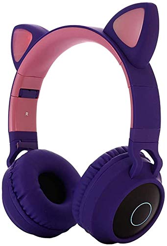 Wireless Bluetooth Kids Headphones, Damikan Cat Ear Bluetooth Over Ear Headphones, LED Lights, FM Radio, TF Card, Aux, Mic for iPhone/iPad/Kindle/Laptop/PC/TV (Purple)