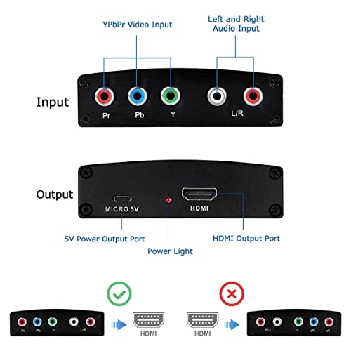 Component to HDMI Adapter, YPbPr to HDMI Coverter, 5 RCA to HDMI Coverter, Supports 1080P Video Audio Converter Adapter HDMI V1.4 for DVD/PSP/Xbox360 to HDTV Monitor