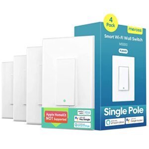 meross smart light switch compatible with alexa, google assistant and smartthings, needs neutral wire, single pole wifi wall switch, remote control, schedules, no hub needed, 2.4g only, 4 pack