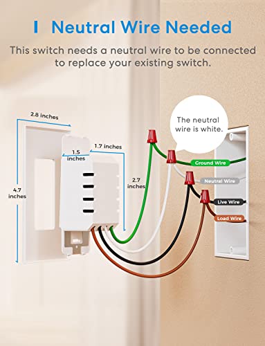 meross Smart Light Switch Compatible with Alexa, Google Assistant and SmartThings, Needs Neutral Wire, Single Pole WiFi Wall Switch, Remote Control, Schedules, No Hub Needed, 2.4G Only, 4 Pack