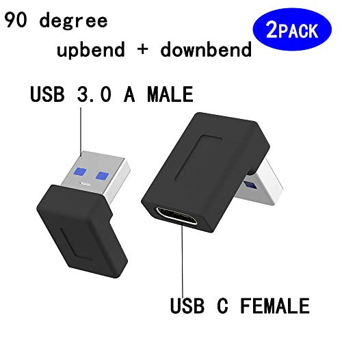 Right Angle USB A Male to USB C Female Adapter,90 Degree USB3.0 to Type C Cable Connector Support unidirectional Sides 5Gbps & Data Transfer, for Laptops,Phone,PC 2-Pack (Balck Up&Down Angle)