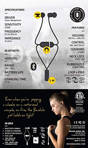 Wicked Audio Bandido Wireless — Bluetooth Earbuds with Microphone and Track Control — Wireless Headset with Metal Housing, Loop and Fin Attachments and Enhanced Bass — Black