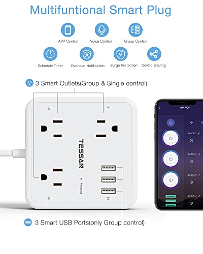 Smart Power Strip Surge Protector, TESSAN WiFi Extension Cord with 3 Individually Remote Controlled Outlets 3 USB Ports, Timer Smart Plug Switch for Lights, Lamps, Fan, Works with Alexa & Google Home