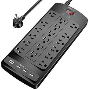 18 outlets surge protector power strip – 8 feet flat plug heavy duty extension cord with 18 widely outlets and 4 usb ports, 2100 joules, black, etl listed