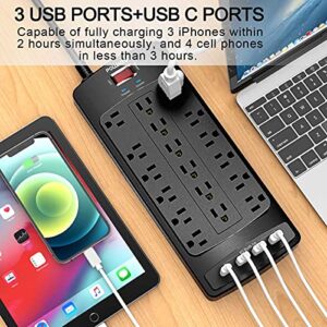 18 Outlets Surge Protector Power Strip - 8 Feet Flat Plug Heavy Duty Extension Cord with 18 Widely Outlets and 4 USB Ports, 2100 Joules, Black, ETL Listed