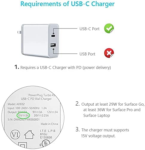 SUPERNIGHT Surface Connect to USB C Charging Adapter 15V 3A, Compatible for Microsoft Surface Pro X/7/6/5/4, Surface Laptop3/2/1, Surface Go/Book[1 PC Only]