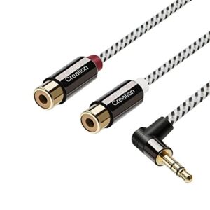 cablecreation 3.5mm to 2rca female cable, 3ft angle 3.5mm mini-jack to rca stereo audio y cable gold plated, compatible with iphone,ipod,mp3,tablets,hifi stereo system, speaker black and white/0.92m