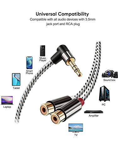 CableCreation 3.5mm to 2RCA Female Cable, 3ft Angle 3.5mm Mini-Jack to RCA Stereo Audio Y Cable Gold Plated, Compatible with iPhone,iPod,MP3,Tablets,HiFi Stereo System, Speaker Black and White/0.92m