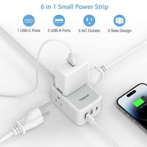 Small Flat Plug Power Strip, TESSAN Ultra Thin Extension Cord with 3 USB Wall Charger (1 USB C), 3 Outlets Mini Nightstand Charging Station, 5 ft Slim Plug for Cruise, Travel, Dorm Room Essentials