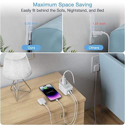 Small Flat Plug Power Strip, TESSAN Ultra Thin Extension Cord with 3 USB Wall Charger (1 USB C), 3 Outlets Mini Nightstand Charging Station, 5 ft Slim Plug for Cruise, Travel, Dorm Room Essentials