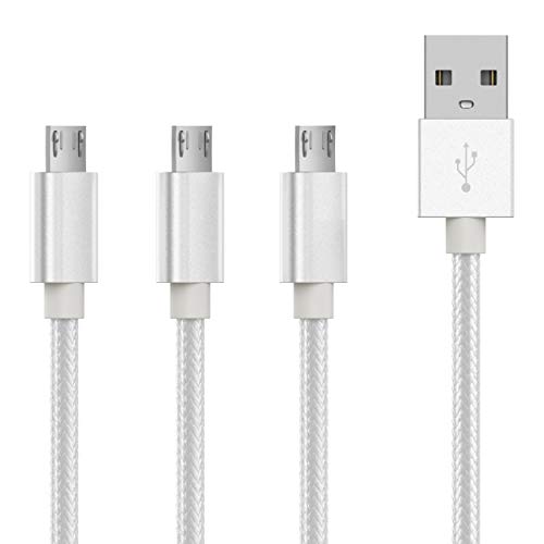 TALK WORKS Micro USB Cable 3 Pack 6ft Long Android Phone Charger Braided Heavy Duty Fast Charging Cord for Samsung Galaxy S6 / S7, Tablet, Bluetooth Speaker, Wireless Earbuds Headphones - Silver