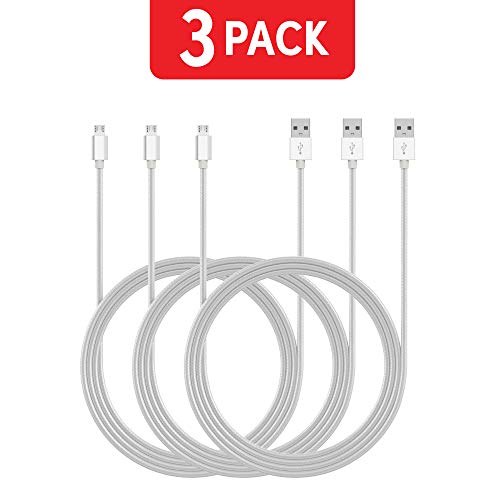 TALK WORKS Micro USB Cable 3 Pack 6ft Long Android Phone Charger Braided Heavy Duty Fast Charging Cord for Samsung Galaxy S6 / S7, Tablet, Bluetooth Speaker, Wireless Earbuds Headphones - Silver