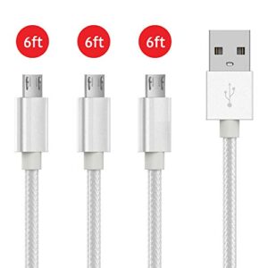 TALK WORKS Micro USB Cable 3 Pack 6ft Long Android Phone Charger Braided Heavy Duty Fast Charging Cord for Samsung Galaxy S6 / S7, Tablet, Bluetooth Speaker, Wireless Earbuds Headphones - Silver