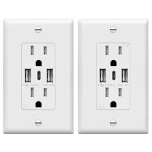 topgreener usb outlet, 3-port type c usb wall outlet, 15 amp tamper-resistant receptacle plug, charging power outlet with usb ports, ul listed, tu21536ac3-2pcs, white, 2 pack