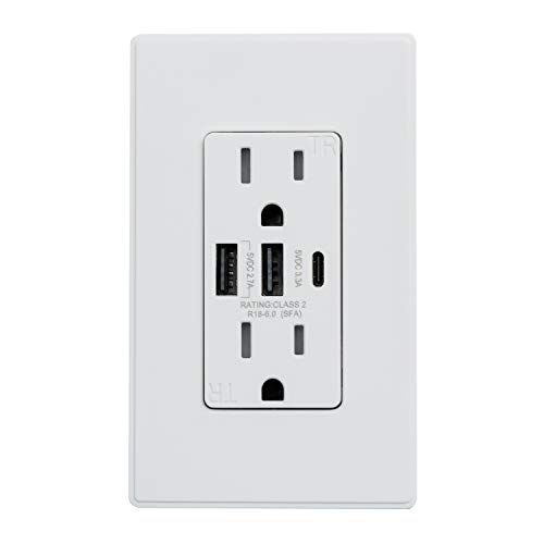 ELEGRP 30W 6.0 Amp 3-Port USB Wall Outlet, 15 Amp Receptacle with USB Type C & Type A Ports, USB Charger for iPhone/iPad/Samsung/LG/HTC/Android Devices, UL Listed, w/Wall Plate, 1 Pack, Matte White